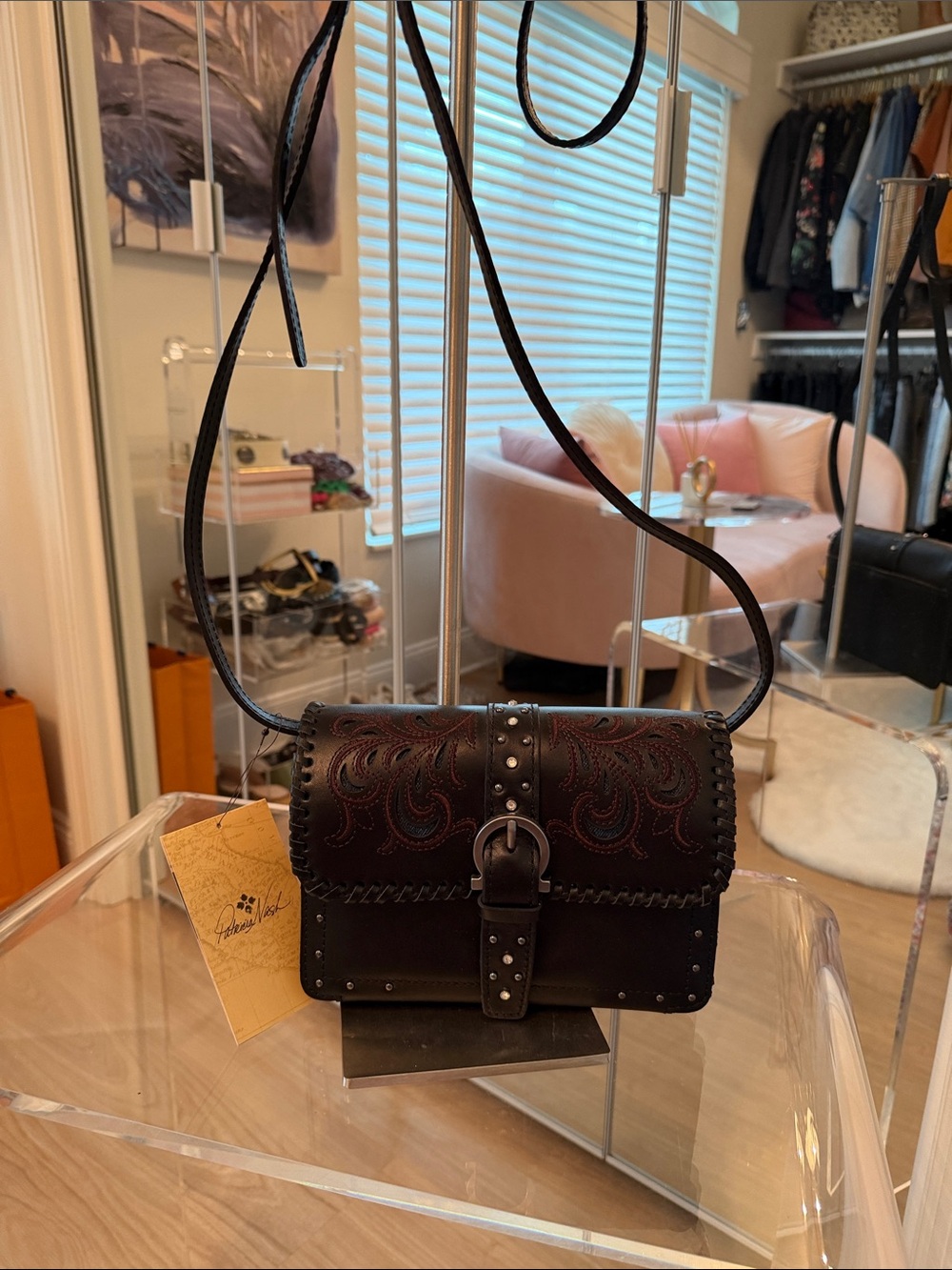 Patricia Nash Black Embossed Floral Leather Crossbody with Studded Buckle